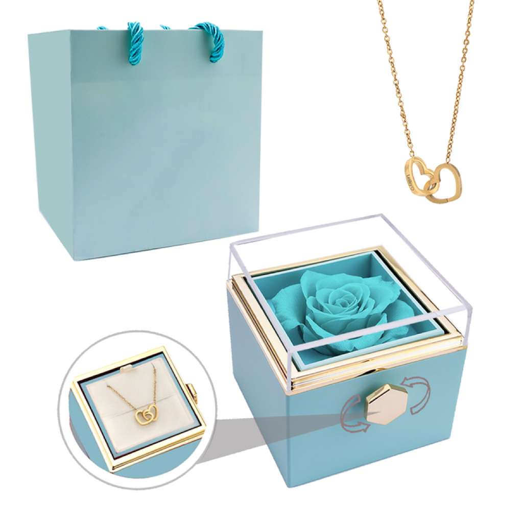Amourwa Eternal Real Rose Jewelry Box With Custom Engraved Necklace